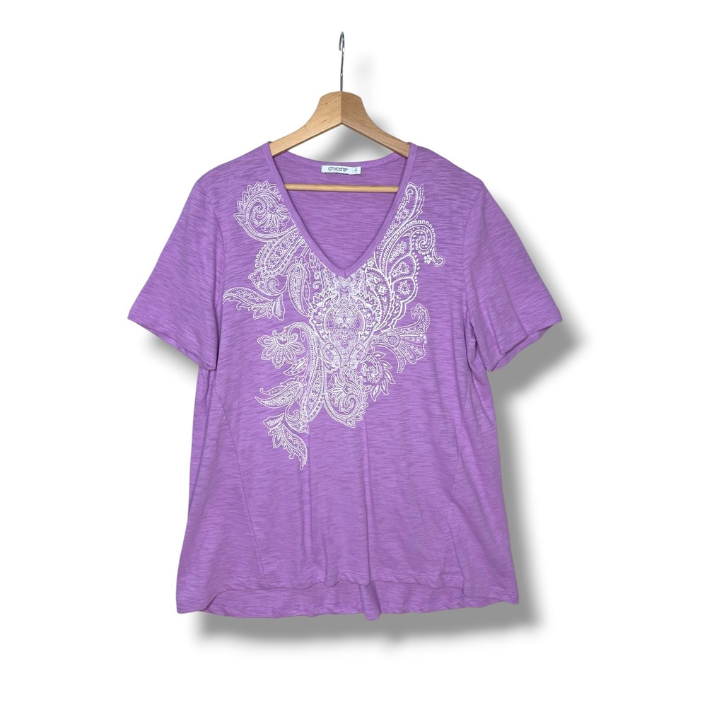 Chicos Purple Paisley Graphic V-Neck Slub Knit T-Shirt‎ Size 2 Women's L/12 Boho